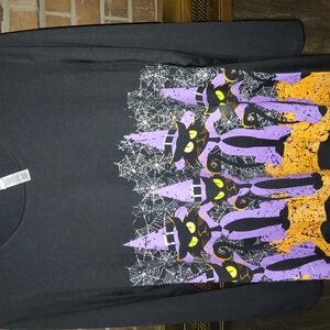 Black Halloween Cat and Witch Hat Long Sleeve Shirt